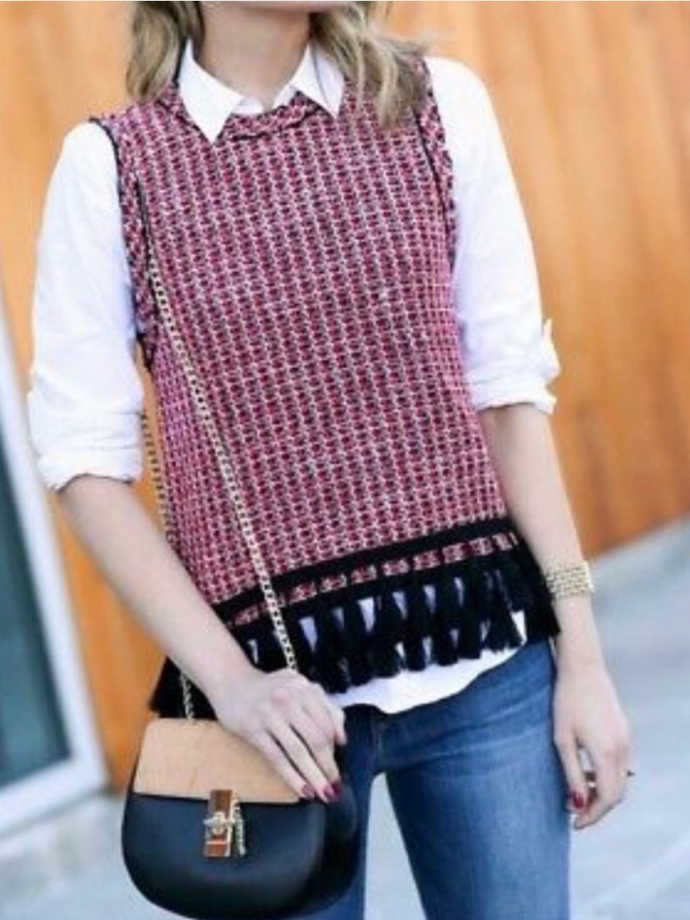 ZARA WOMAN BLACK & RED TWEED FRINGE TOP L NWT